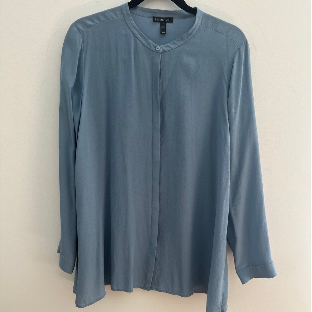 Eileen Fisher Silk Georgette Crepe Tunic Tops Women's Medium Blue Band Collar